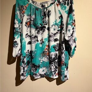 NY Collection Teal and Black Floral Blouse